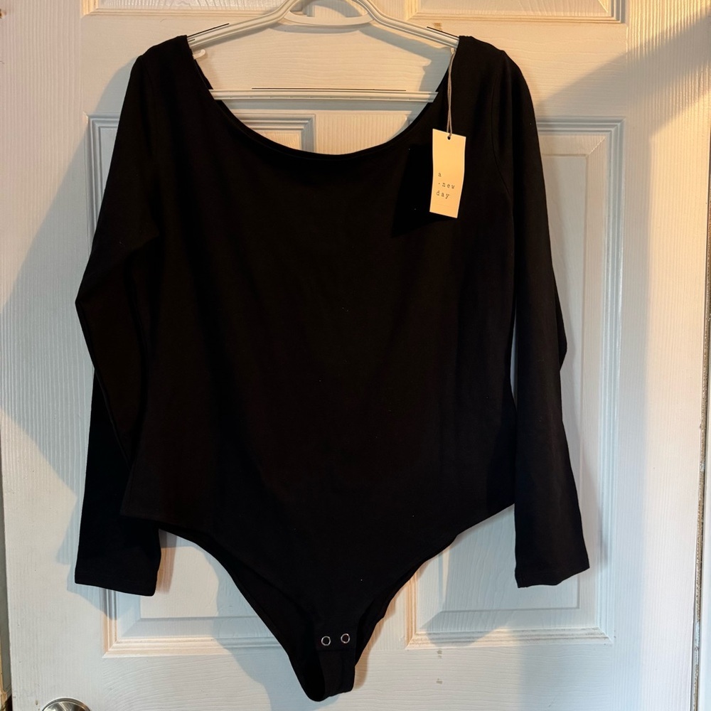 A New Day Black Long Sleeve Thong Bodysuit Large NWT